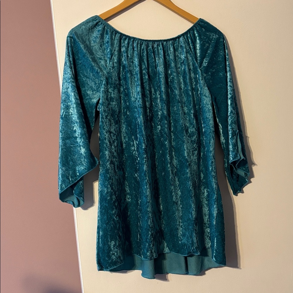 Vintage Y2K New Teal Velvet XL Fairy Peasant Blouse Top Beaded Embroidered - Picture 6 of 17
